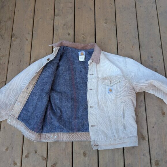 Vtg Carhartt Blanket Lined Trucker Duck Canvas Jacket - Sandstone Size 42 -J09 - Picture 1 of 15